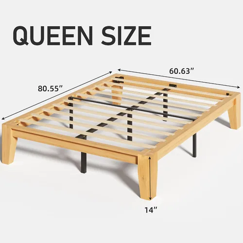 Vista 2 de Lifezone Marco de cama de plataforma de madera tamaño Queen, madera maciza de alta calidad, estructura resistente, patas de 3.78 pulgadas de grosor