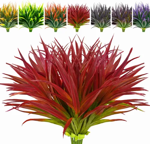 Vista 23 de 8 piezas de plantas falsas para exteriores, resistentes a los rayos UV, plantas de césped alto artificiales, flores tropicales, arbustos, decoración