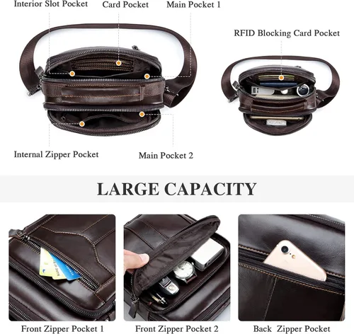 Vista 4 de BAIGIO Bolso bandolera de cuero genuino para hombre, bolso de mensajero pequeño para hombre, bolso de cuero para regalo de padre
