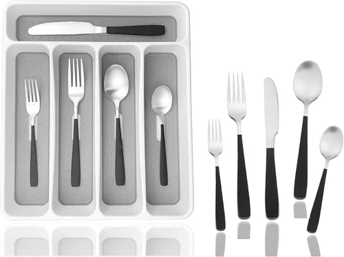 Vista 13 de JASHII - Juego de cubiertos con bandeja, 20 piezas de acero inoxidable cuadrado cubiertos servicio para 4, acabado mate, utensilios de alimentación