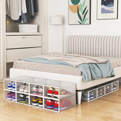 Vista 8 de Seseno Paquete de 12 cubos de almacenamiento de zapatos, organizador de zapatos apilable de plástico transparente para armario, zapatero plegable