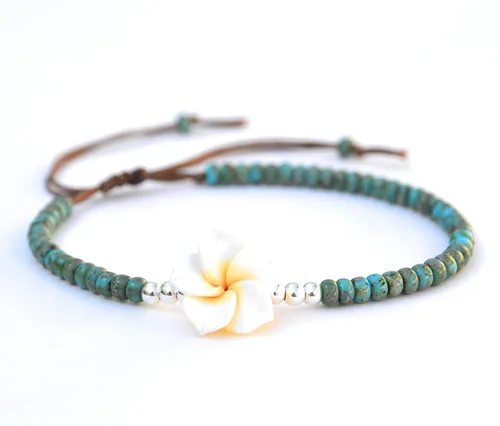 Vista 8 de Boho Beaded Anklet for Women and Teen Girls, Unique Bohemian Turquoise and Sterling Silver Beaded Anklet with Hawaii Hawaiian Plumeria Flower