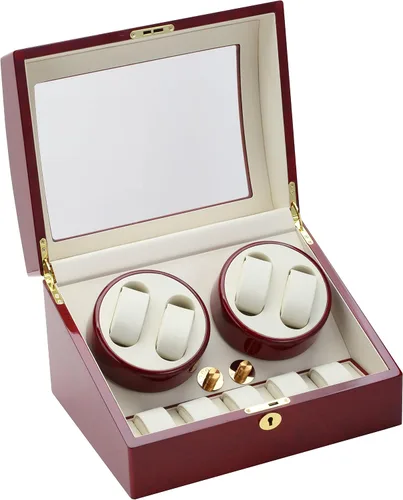 Vista 2 de Diplomat 31-414 Madera de cerezo Quad Watch Winder con interior de cuero blanco roto, Cereza