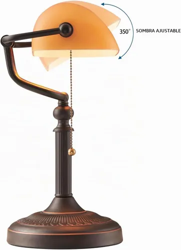 Vista 5 de Lámpara de escritorio de banqueros de vidrio naranja mate con interruptor de cadena de tracción Enchufe en accesorio Interruptor de cadena