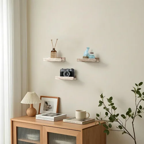 Vista 6 de Z metnal Mini estantes flotantes, pequeño estante de pared de madera natural para repisa de fotos, Pawlownia, montado en la pared, marrón claro, 6 x