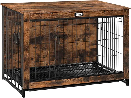 Vista 14 de Mueble de jaula para perros, perrera pequeña de 25.5 pulgadas para interiores, jaula de madera con bandeja extraíble, mesa auxiliar lateral que