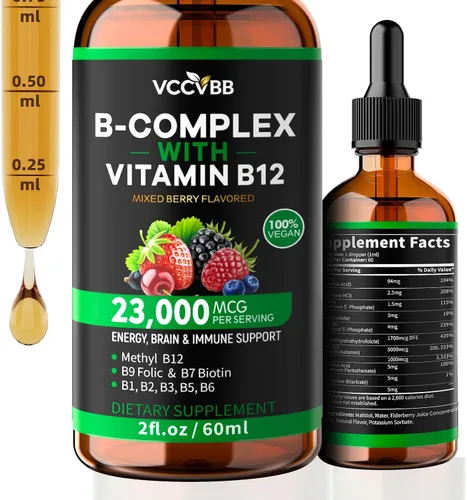 Vista 9 de Gotas de complejo de vitamina B, metilcobalamina activa B12 5000mcg, B6, B1, B2, B5, B7, B3, folato con vitamina C, líquido sublingual B12