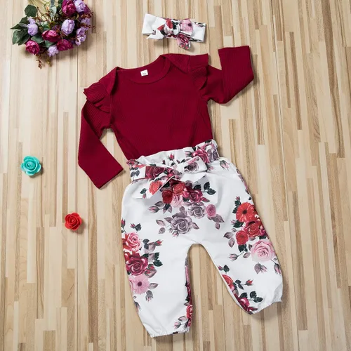 Vista 2 de Conjunto de ropa de 2 piezas para bebé recién nacido, con volantes, pantalones florales, diadema, otoño e invierno
