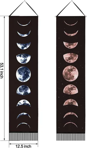Vista 2 de Boao 2 tapices de fase lunar para colgar en la pared, de 12 x 53 pulgadas, tapiz artístico de luna, nueve fases del ciclo de crecimiento completo