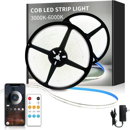 Vista 14 de Tira de luces LED COB de 32.8 pies, 3000 K, blanco cálido, regulable, CC de 24 V, cinta LED flexible para dormitorio, con control remoto