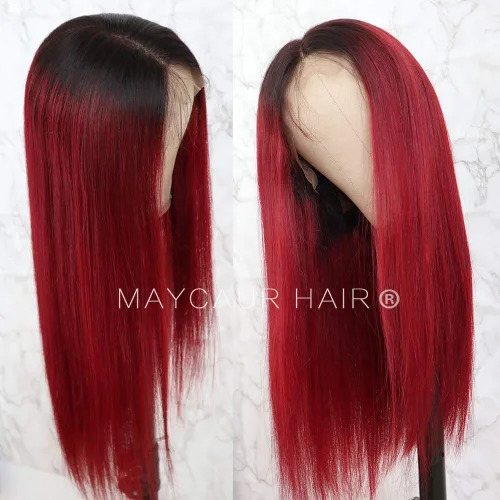 Vista 3 de Maycaur Peluca de cabello humano rojo degradado con encaje frontal, sedoso y liso #1b/rojo con encaje completo, pelucas de cabello humano