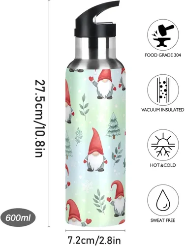 Vista 9 de BPA-Free Sport Water Bottle Insulated 32 Oz, Stainless Steel Water Bottle for Gym Outdoor Travel School, Gnomes Red Hats