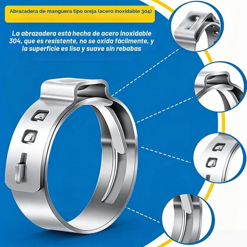 Vista 3 de Kit surtido de 170 piezas de abrazaderas de manguera de una oreja de acero inoxidable 304 de 13 tamaños, abrazaderas de manguera de crimpar de 5.3