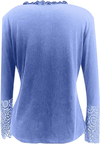 Vista 5 de Blusa casual de otoño para mujer de moda de color liso con botones manga larga con encaje y corte