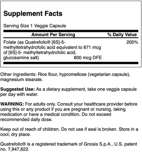 Vista 2 de Swanson Folato (ácido 5-metiltetrahidrofólico) 800 mcg 30 cápsulas vegetales