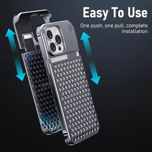Vista 5 de Funda para teléfono compatible con iPhone 15 Pro Max de aleación de aluminio disipación de calor, transpirable, refrescante, hueca, sin bordes, Gris