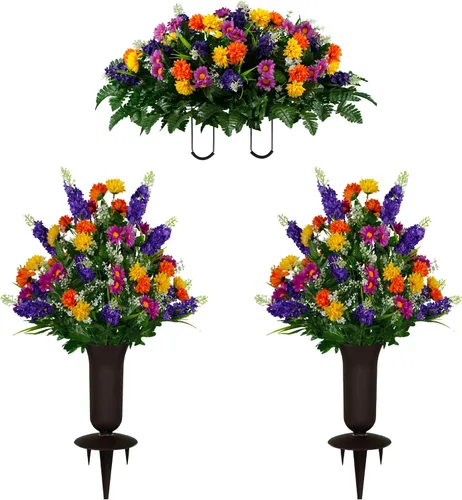Vista 15 de Sympathy Silks Flores artificiales para cementerios – Decoraciones para tumbas - 1 ramo de flores silvestres de violeta púrpura y naranja, 1 montura