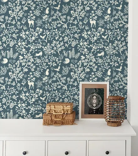 Vista 2 de HeloHo Papel tapiz autoadhesivo para despegar y pegar, papel de contacto floral azul oscuro, bohemio, autoadhesivo, extraíble, para gatos, pájaros