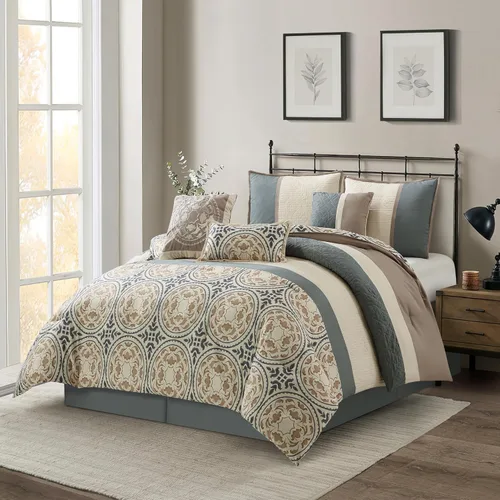 Vista 10 de Grand Avenue Juego de edredón azul King, ropa de cama con estampado de microfibra, geométrico, patchwork de 7 piezas, edredones, fundas de almohada