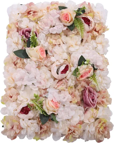 Vista 17 de Paneles de flores artificiales para decoración de pared, 6 piezas de rosas falsas, peonía, eucalipto, telón de fondo de pared de rosas para fiesta 6