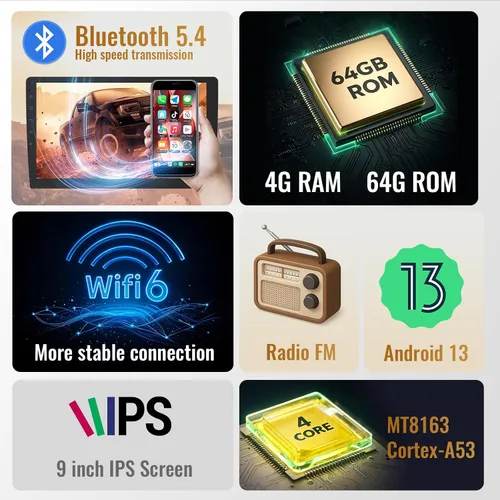 Vista 3 de Haudio Estéreo de auto de doble DIN de 9 pulgadas con Apple CarPlay inalámbrico y Android Auto, Android 13 Radio para automóvil 4+64GB, pantalla