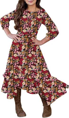 Vista 16 de MITILLY Vestido largo maxi suelto liso de manga 3/4 casual con bolsillos y volantes estilo swing con cinturón para niñas 01 Azul oscuro fultter