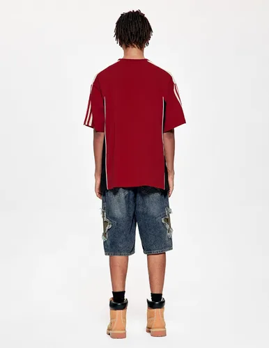 Vista 8 de Vamtac Pantalones cortos de mezclilla para hombre, diseño de retazos de estrellas, tiro medio, casual, holgado, para verano, pantalones de mezclilla