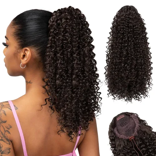 Vista 7 de Extensiones de cabello rizado con cordón para mujeres negras, 16 pulgadas de largo, sintético, afro, esponjoso, en capas, extensión de cola
