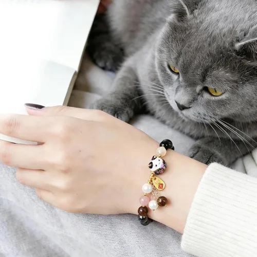 Vista 2 de Pulsera de gato de la suerte Feng Shui, joyería de buena suerte para mujer, protección de riqueza y fortuna, pulseras de cristal de piedras