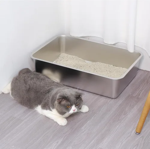 Vista 4 de Caja de arena de acero inoxidable de 6 pulgadas de alto, caja de arena de metal XL para gatos grandes, fácil de limpiar, caja de arena de metal