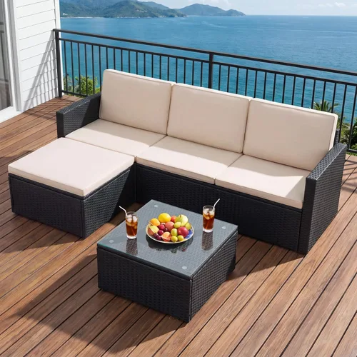Vista 3 de Greesum Juego de muebles de patio de 3 piezas para exteriores, sofá modular de mimbre con asiento ajustable, cojines suaves y mesa auxiliar