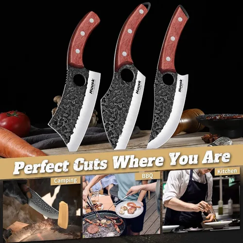 Vista 6 de Huusk - Juego de 3 cuchillos japoneses para cortar carne, juegos de cuchillos vikingos forjados a mano con cuchillo de carne, juegos de cuchillos