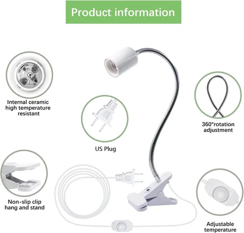 Vista 3 de Lámpara de calor para reptiles, 360 de cerámica E27/E26 Clip de luz con cable de 6.96 pies con interruptor regulable para lectura, cultivo