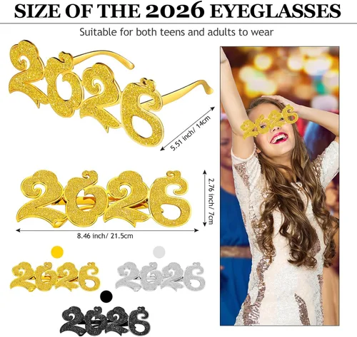 Vista 3 de 6 pares de anteojos de Nochevieja 2026 con purpurina número de lentes para fiesta 2026, divertidos lentes de sol novedosos para celebración de Año