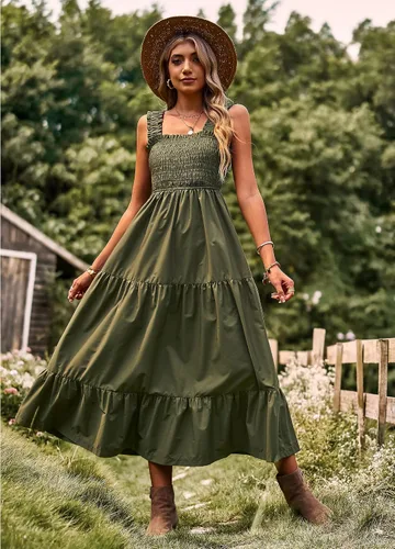 Vista 2 de Vaiaye Vestido largo de verano para mujer, estilo casual, bohemio, sin mangas, tirantes delgados, fruncido, largo, fluido, escalonado, para el sol