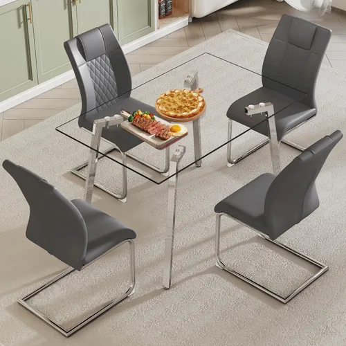 Vista 30 de Juego de mesa de comedor de cristal para 4, mesa rectangular con 4 sillas de cocina de cuero blanco, juego de comedor de cocina de 51 pulgadas, mesa