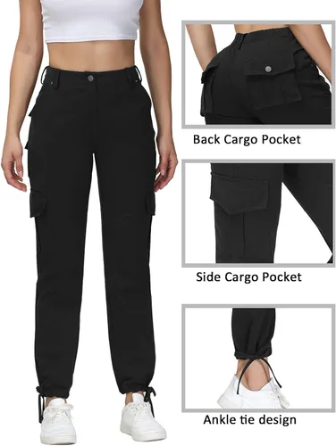 Vista 5 de Dafensi Women Cargo Pants High Waisted Casual Hiking Joggers Pants Adjustable Waist Cargos with 6 Pockets