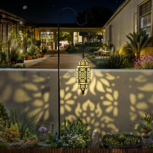 Vista 4 de Twinkya Paquete de 2 luces solares colgantes para jardín, farol solar decorativo para exteriores, impermeables, de metal, marroquí, decoraciones al