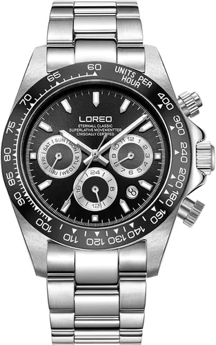 Vista 9 de LOREO Reloj Automático para Hombre de Acero Inoxidable Plateado con Cristal de Zafiro, Bisel de Cerámica, Fecha, Militar, de Buceo, Impermeable Negro
