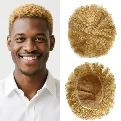 Vista 10 de Afro Toupee For Black Men Black Human Hair Mens Toupee Full Lace Hairpiece African American Wavy Kinky Hair System For Men 2MM Afro Wavy-#1 Jet Black