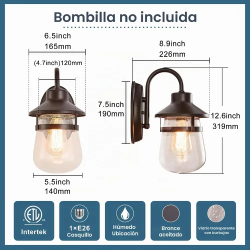 Vista 5 de Tarentlight Aplique de pared para exteriores con pantalla de vidrio transparente semillado, accesorio exterior impermeable en acabado de bronce