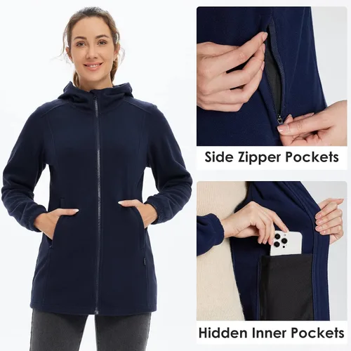 Vista 4 de BALEAF Chaqueta larga de forro polar con capucha y cremallera completa para mujer, abrigo de invierno suave y ligero