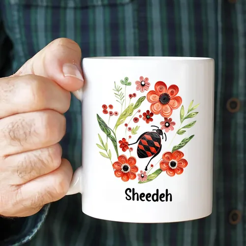 Vista 6 de Taza de café blanca personalizada con nombre de amante de escarabajos, taza de café personalizada de origami de 11 15 onzas, taza de café floral