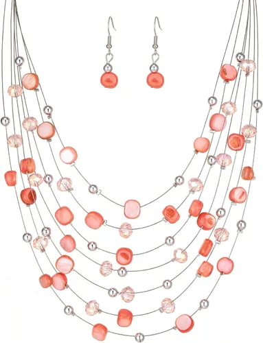 Vista 15 de Collar de cuentas de concha bohemia de varias capas para mujer, hebra de cristal colorida con cuentas plateadas, collares y aretes, disfraces