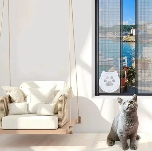 Vista 5 de Plastic Cat Door with Controlled Access, 4 Modes Security Lock, Reinforced Anti Collision Valve, Nylon Mesh, Hanging Inner Door, for Indoor Pets