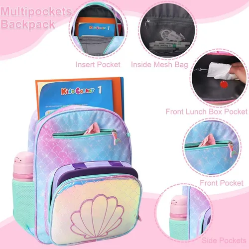 Vista 5 de RHCPFOVR Mochila infantil para niñas – Mochila para niñas de 3 a 8 años, sirena para niños, mochila escolar de 15 pulgadas para jardín de infantes
