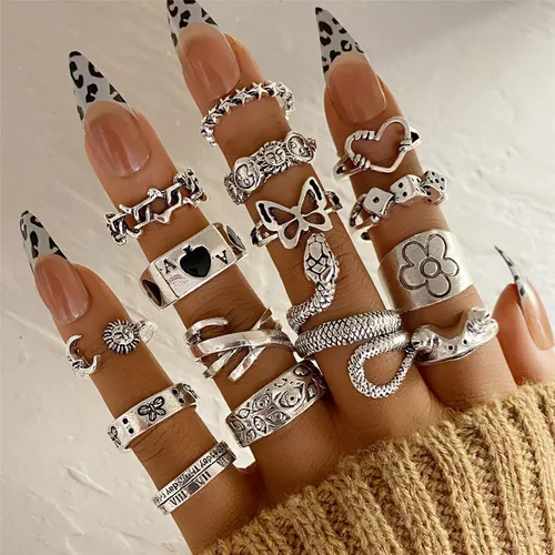 Vista 8 de FAXHION Anillos de acero inoxidable para hombres y mujeres, anillos punk abiertos de plata vintage para hombres y mujeres, Plata, acero inoxidable