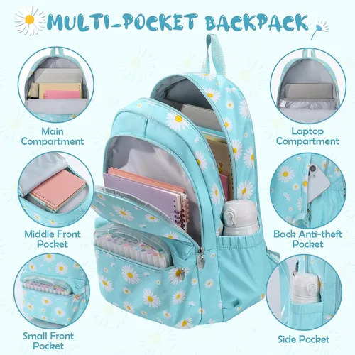Vista 3 de Backpack for Girls, Kids Backpack Set with Lunch Box & Pencil Bag Margarita azul
