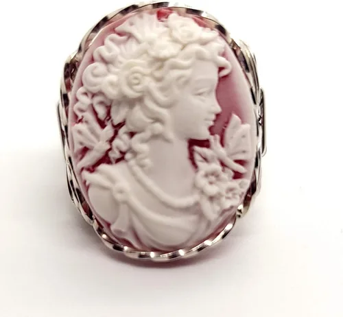 Vista 2 de Anillo de camafeo grande de plata de ley 925 con mariposas griegas rojas