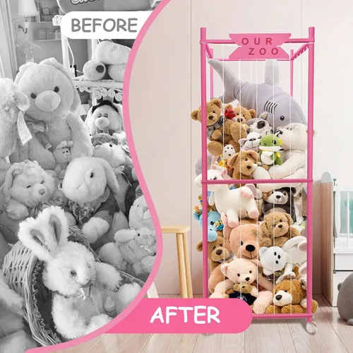 Vista 8 de Zoológico de almacenamiento de animales de peluche con ruedas, soporte de madera grande para animales de peluche, organizador de juguetes